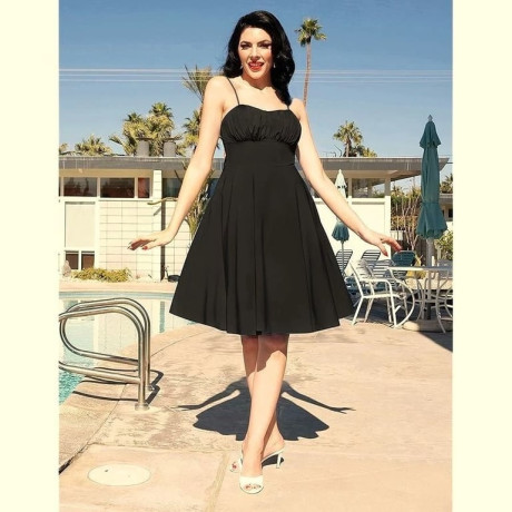 new-black-ruched-bust-a-line-dress-50s-style-flared-with-thin-straps-size-1416post-or-collect-big-0